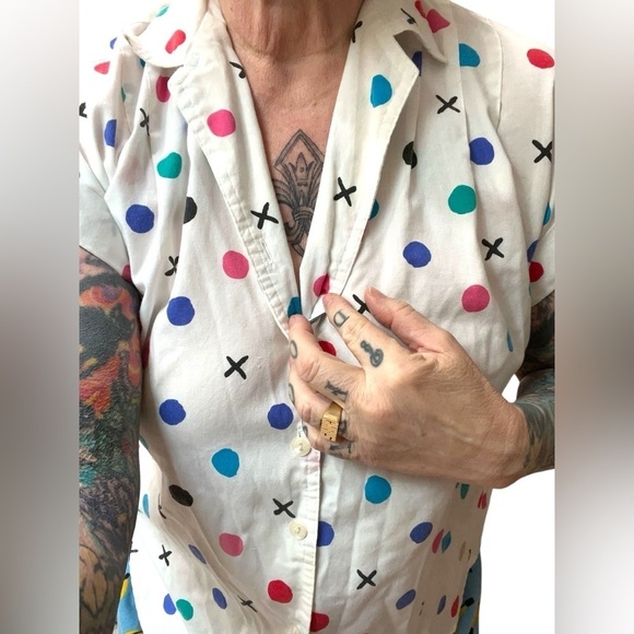 80s Vintage Act 3 III Short Sleeve Novelty X’s and O’s Print Blouse-L - Picture 3 of 8